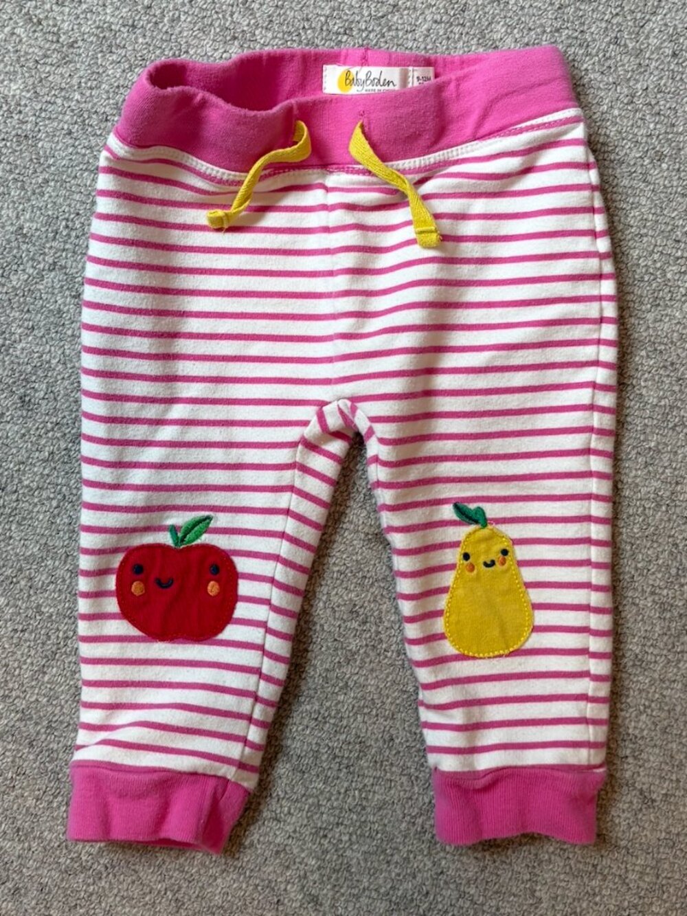 Baby Boden Pink Striped Fruit Appliqué Joggers (9–12M)